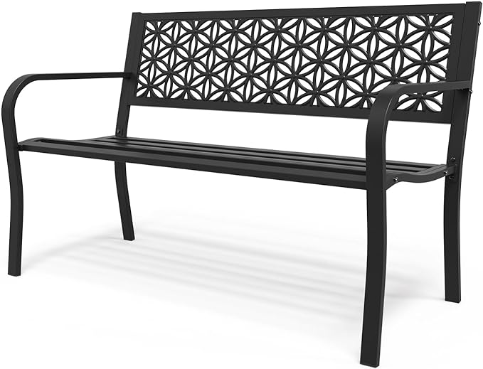 VINGLI 50" Outdoor Bench Metal with Floral Back, Garden Bench Front Porc...