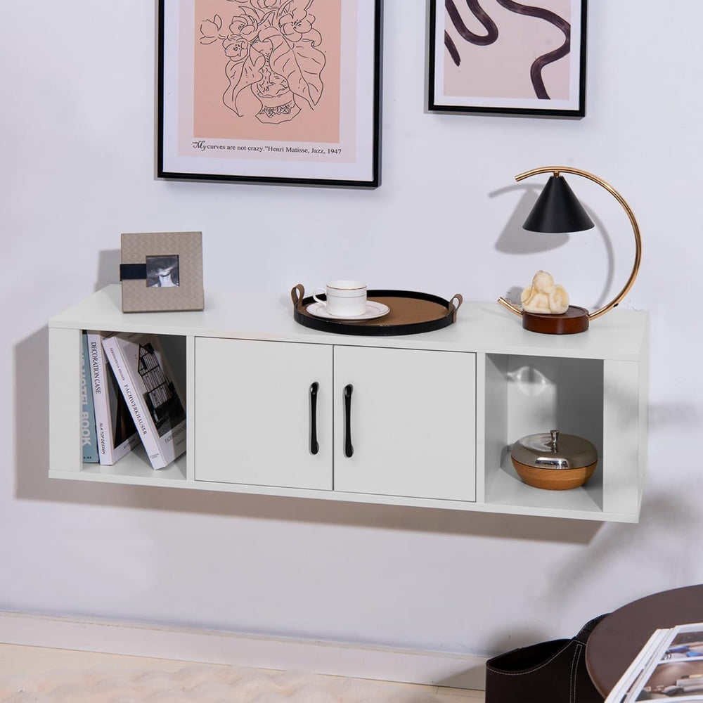 GIANTEX Wall Mounted Storage Cabinet, 2 Cube Floating Desk with Doors,White