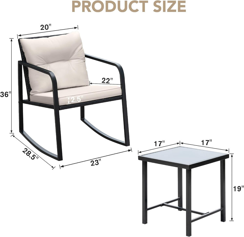 Devoko 3 Pieces Patio Furniture Set Wicker Outdoor Rocking Bistro Chair