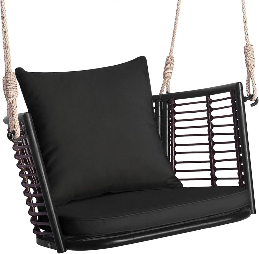HAPPYGRILL Rattan Porch Swing Patio Hanging Chair with Seat & Back Cushion