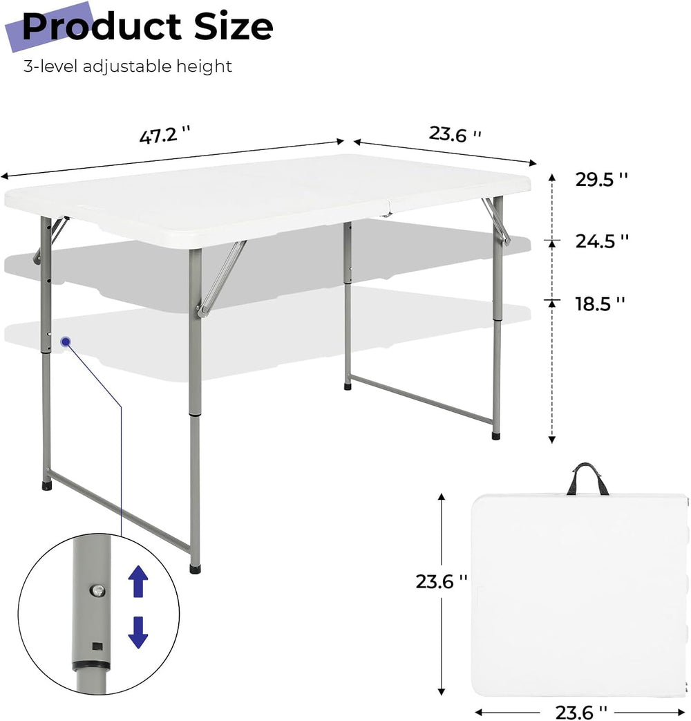 Folding Table 4 Foot,Portable Heavy Duty Plastic Utility Table,White