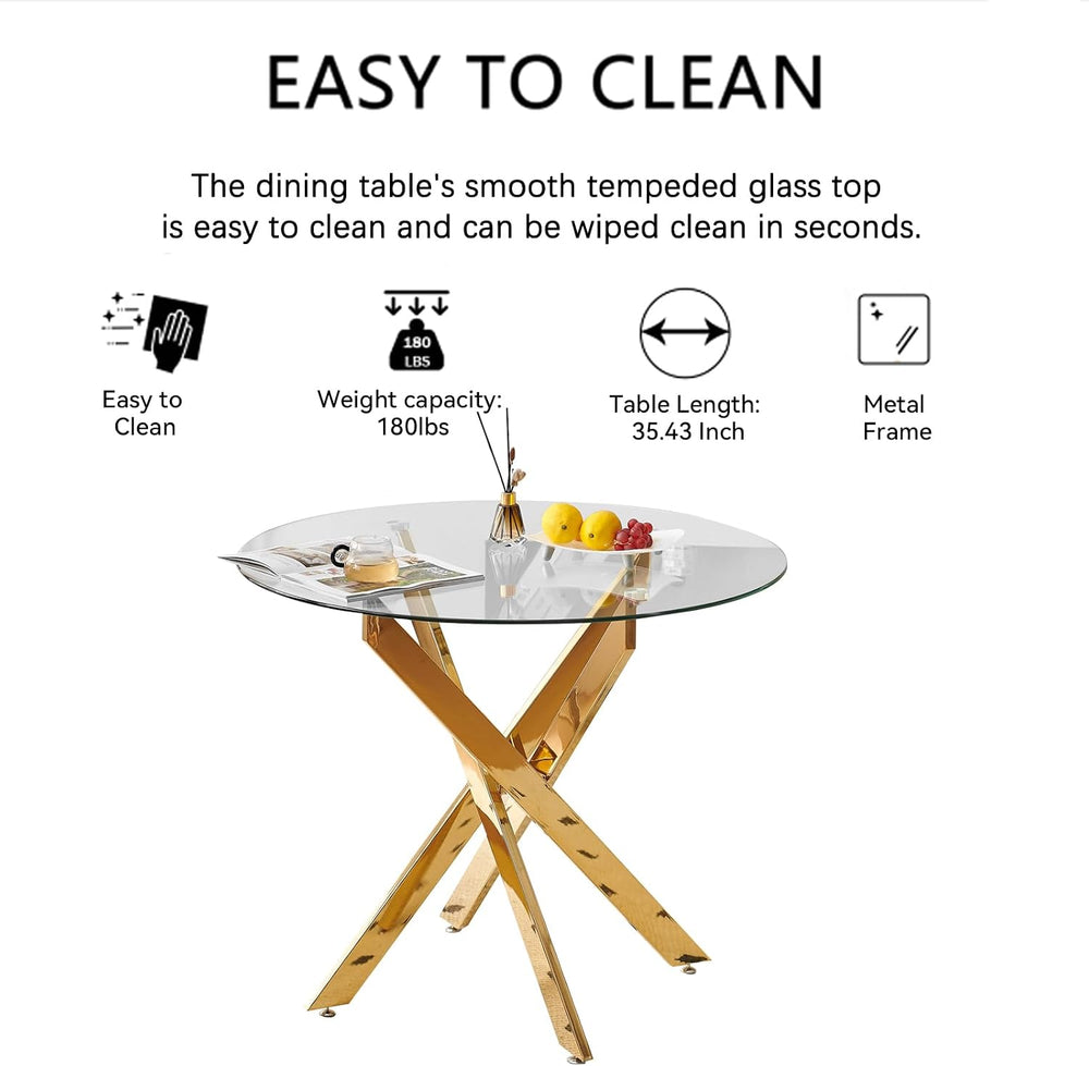 36" Modern Gold Glass Dining Room Table Set for 2, 3-Piece Round Kitchen...