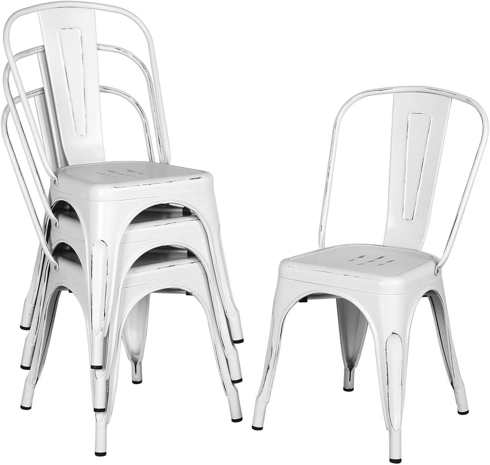 Topeakmart Metal Dining Chairs Set of 4 Stackable Chairs, Distressed White