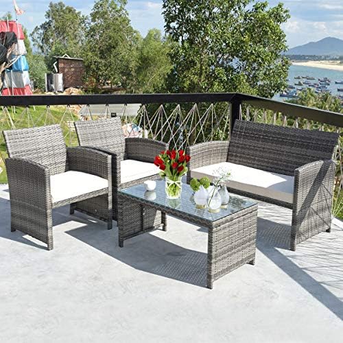 Tangkula 4 Pieces Wicker Patio Conversation Set, Outdoor Furniture