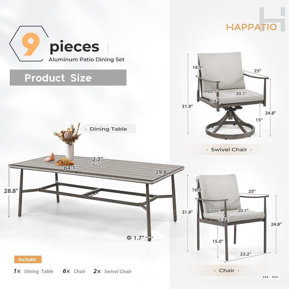 HAPPATIO 9-Piece Patio Table and Chairs Set for 8, Aluminum Outdoor Dining Se...