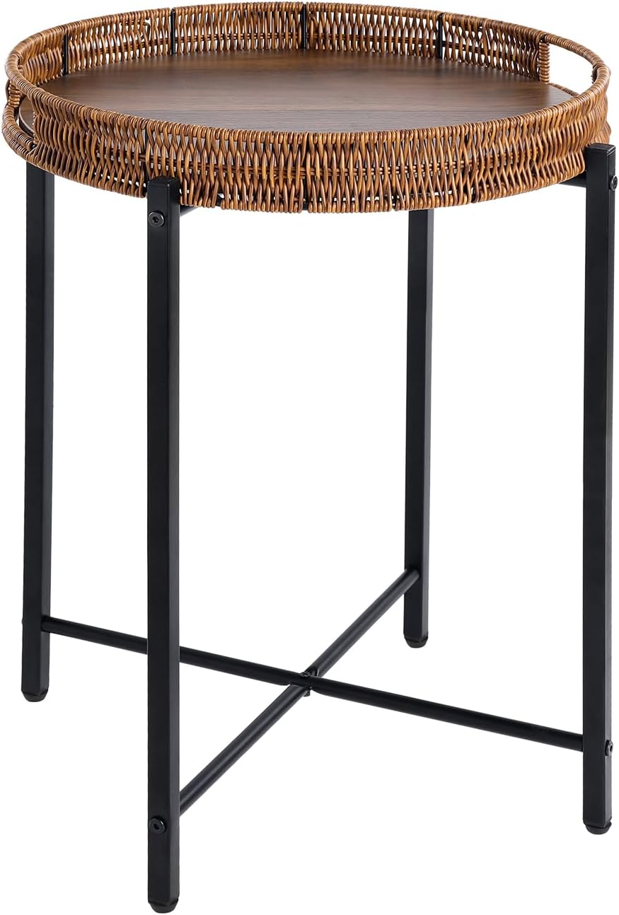 16.5in Round Rattan Side Table with Wooden Top, Small Wicker End Table