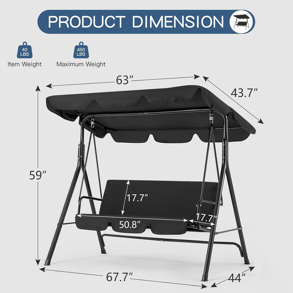Esright 3-Seat Outdoor Porch Swing Chair with Adjustable Canopy, Balck