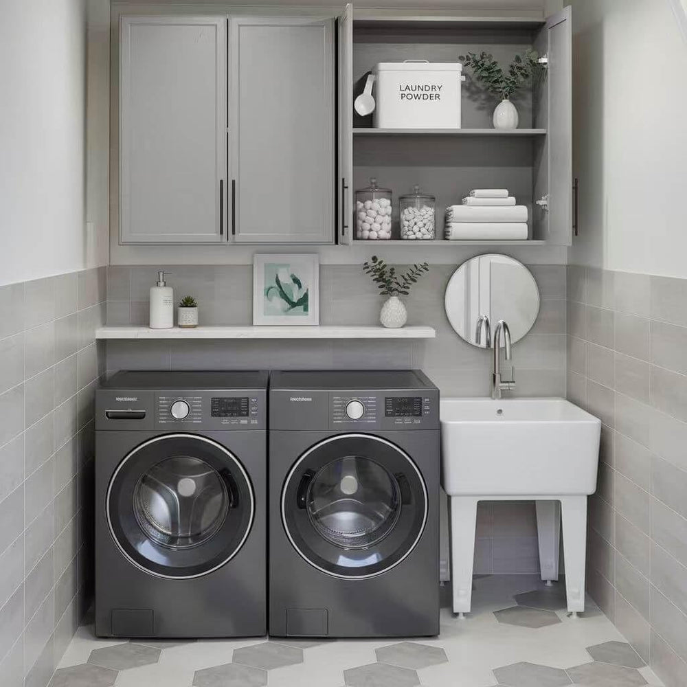 60"W Grey Laundry Room Wall Mounted Cabinets with Adjustable Shelf