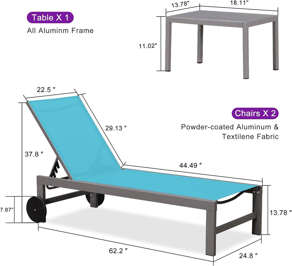 PURPLE LEAF Patio Lounge Chair Set for 2, Quick-Dry Fabric, Blue