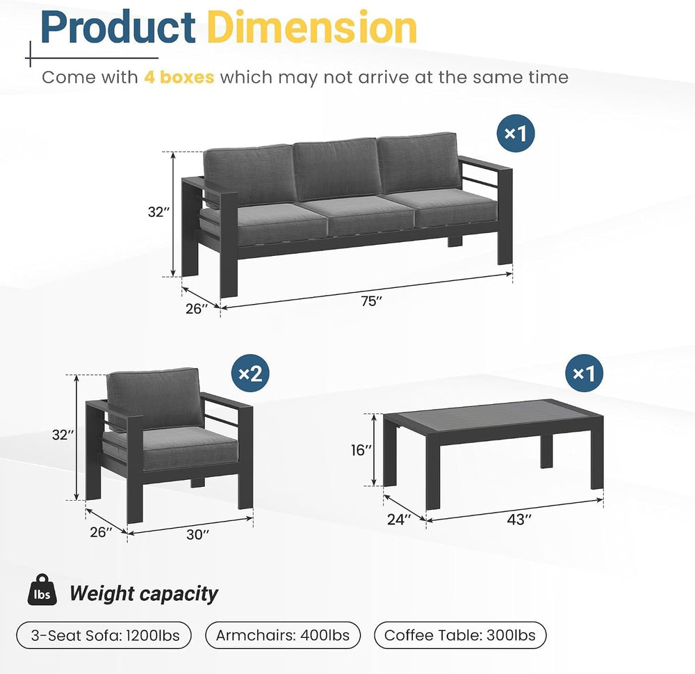 Patio Furniture Set, Aluminum Outside Furniture, Sofa with 10" Back Cushion