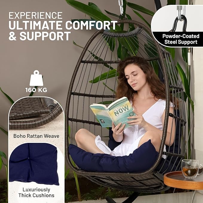 SereneLife Hanging Egg Chair with Stand - Wicker Rattan Swing