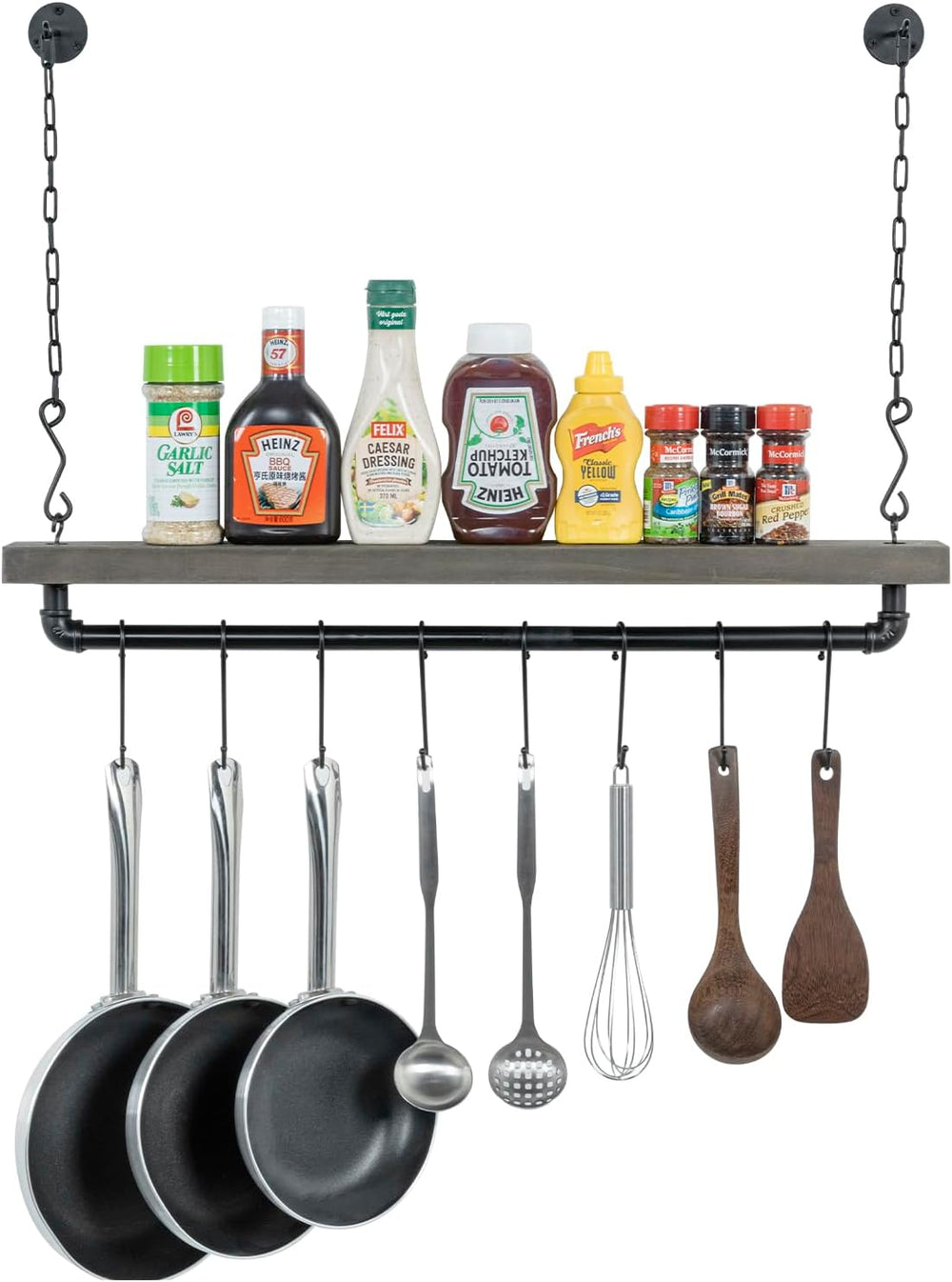MyGift Wall Ceiling Pot Rack with Shelf, Black Pipe Cookware Organizer