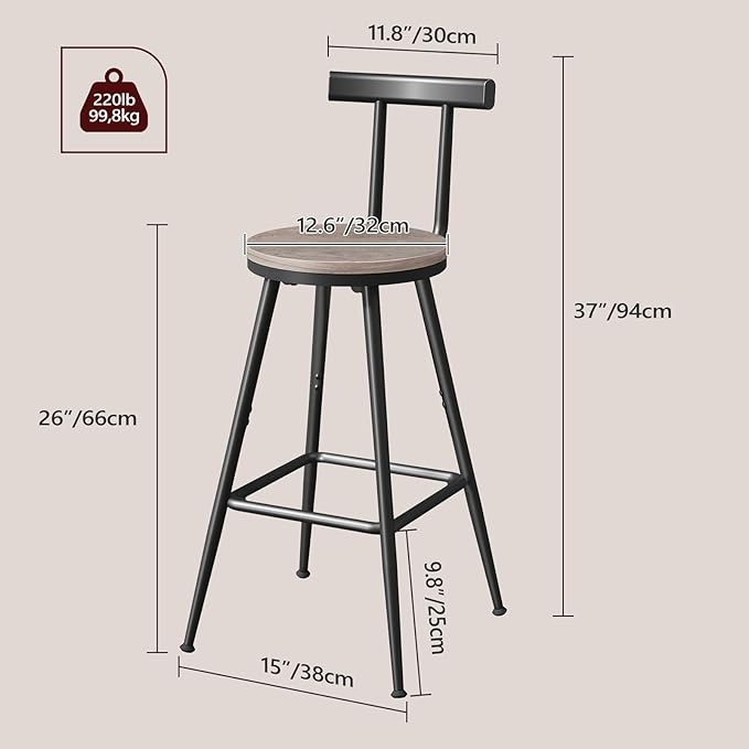 Bar Stools, Set of 2 Bar Chairs with Backrest and Footrest, 26" Tall Cou...
