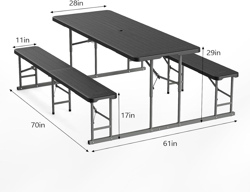 VINGLI Folding Picnic Table and Bench Set with Umbrella, Portable Outdoor Din...