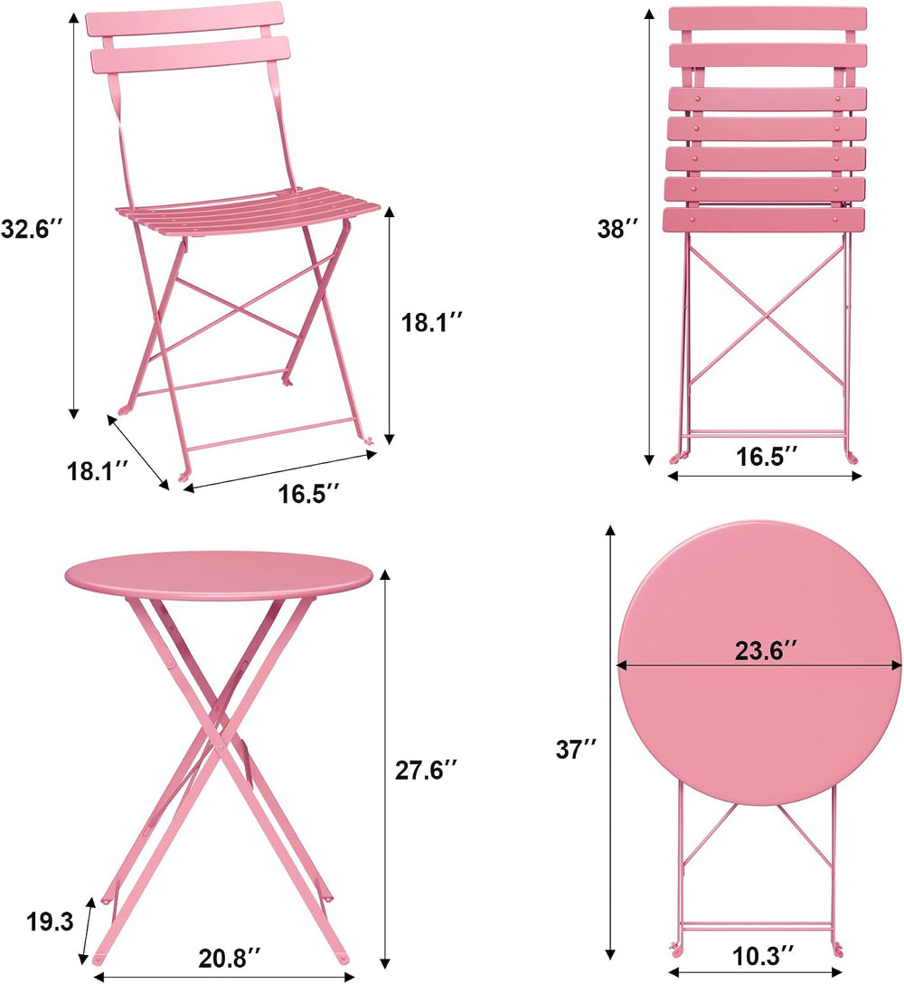 Bistro Table and Chairs Set of 2, 3 Piece Folding Patio Bistro Set, Pink