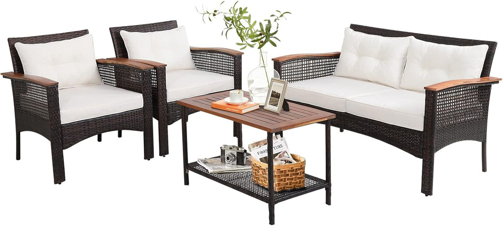 Tangkula 4-Piece Patio Furniture Set, Patiojoy Acacia Wood Outdoor PE Wicker ...