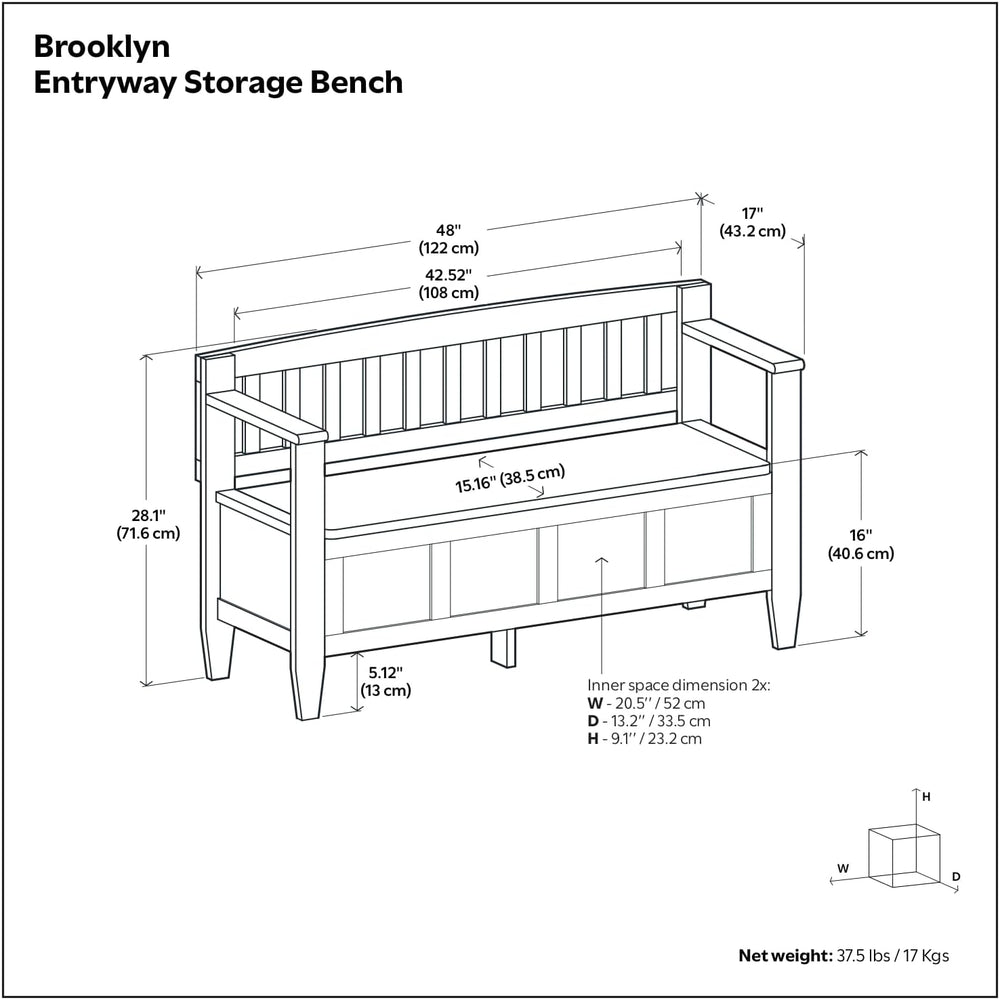 SIMPLIHOME Brooklyn 48" Wide Solid Wood Storage Bench in Aged Grey