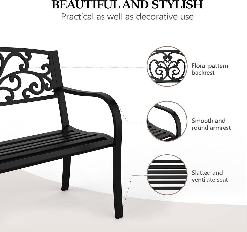 VINGLI Outdoor Bench for Patio Metal Garden Bench w/PVC Back Pattern, Black P...