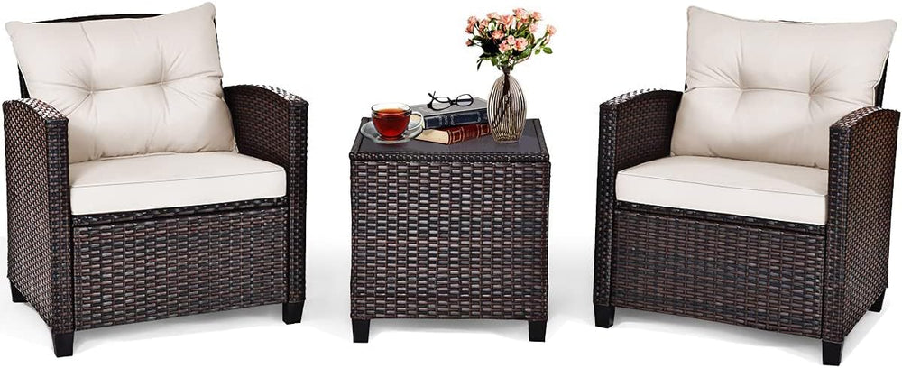 DORTALA Wicker Patio Furniture Set 3 Piece, Outdoor Table and Chairs with Tem...