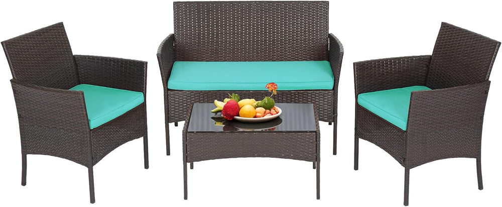 FDW 4-Piece Patio Furniture Set | Brown & Blue | Outdoor Wicker Furniture