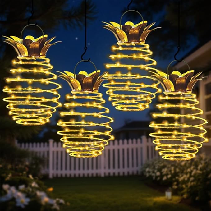 4 Pack Outdoor Solar Hanging Lantern Lights - 60LED Waterproof Solar Pineappl...