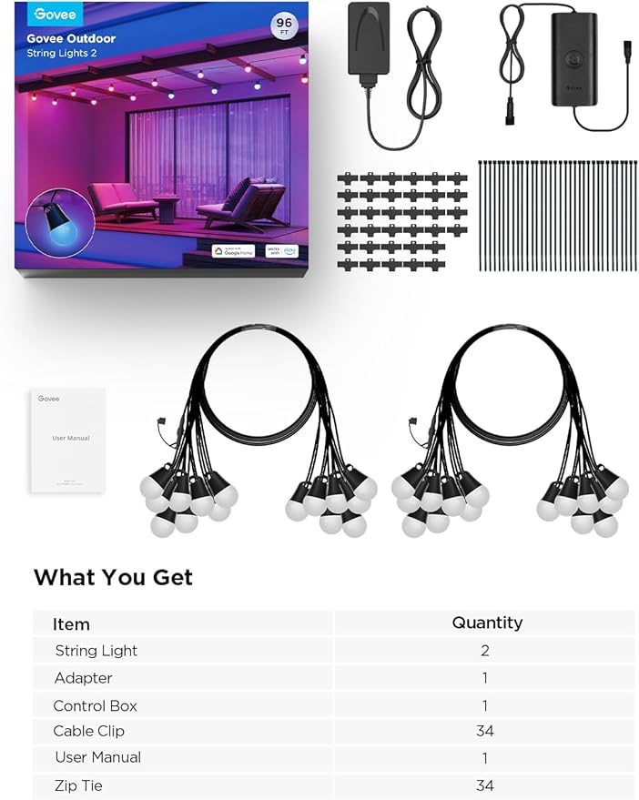 Govee Smart Outdoor String Lights 2, 96ft RGBIC Outdoor Lights with Dimmable ...