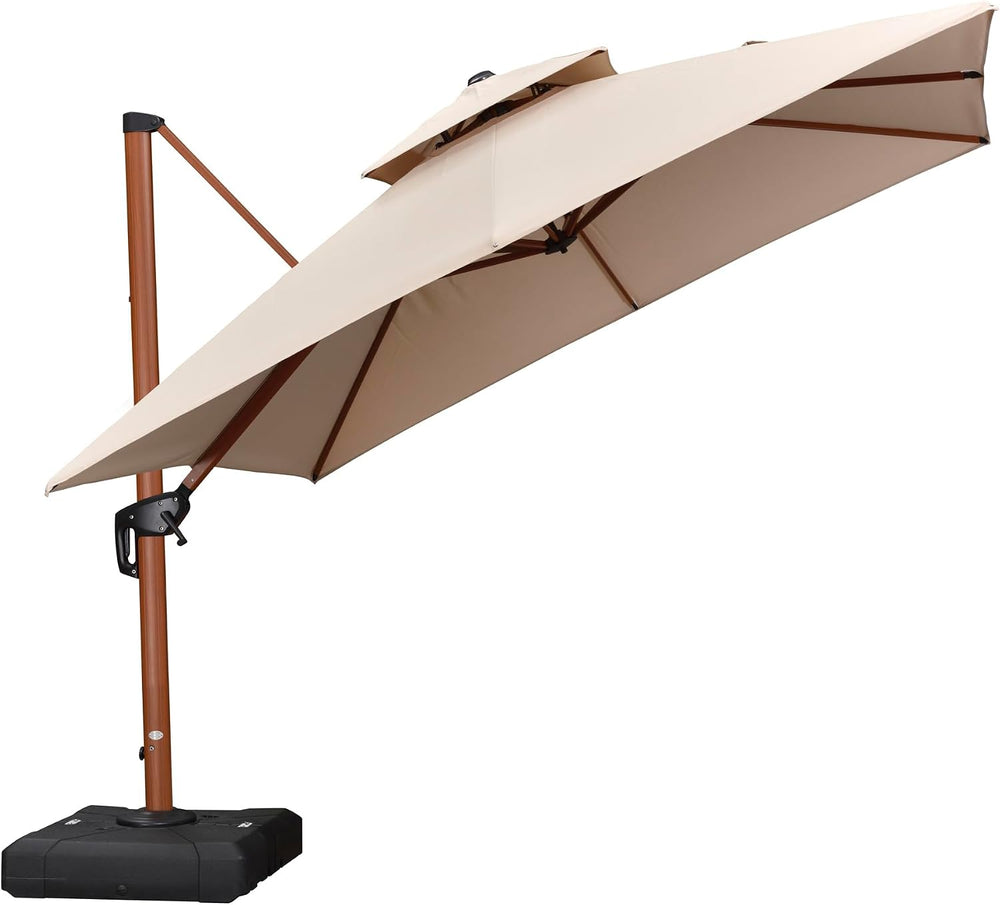 PURPLE LEAF Cantilever Umbrella 10ft Double Top Wood-Grain Finish, Beige