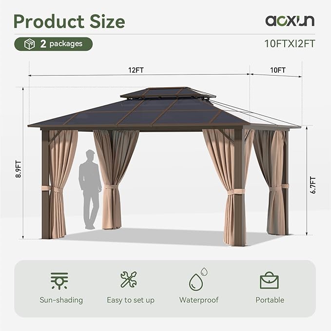 Aoxun 10'x12' Hardtop Gazebo, Aluminum Frame Permanent Pavilion with ...