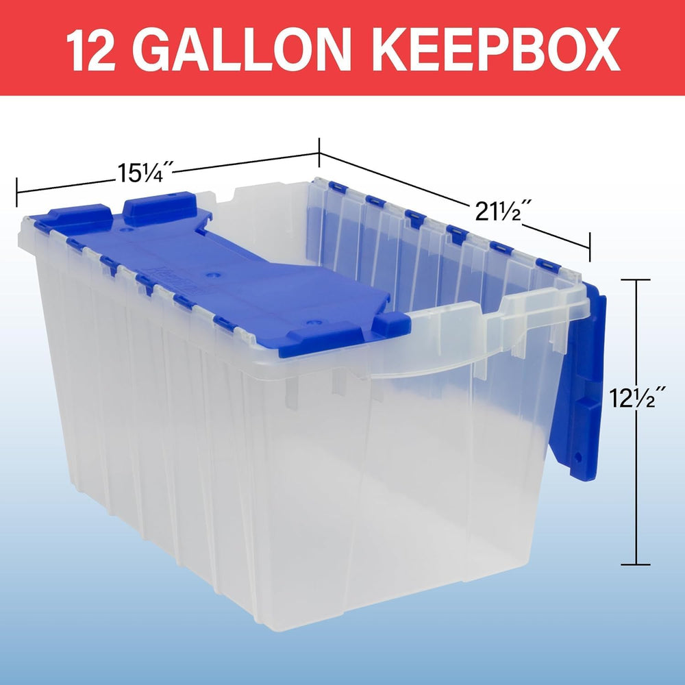 Akro-Mils KeepBox 12 Gallon Stackable Attached-Lid Storage Bin, Clear/Blue