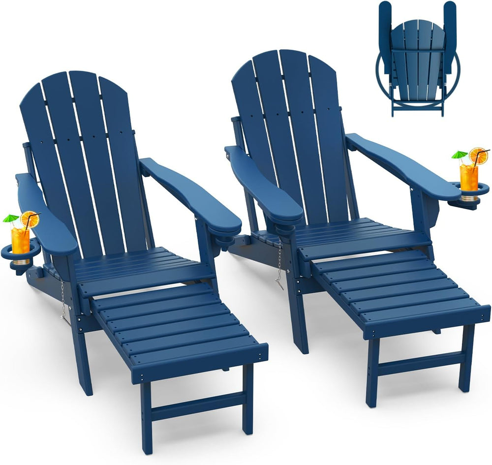 GREENVINES Folding Adirondack-Chairs-with-Ottoman Set of 2, HDPE, Blue