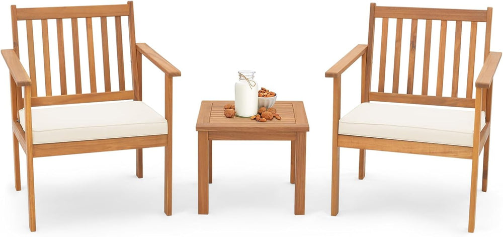 Tangkula 3 Pieces Patio Wood Furniture Set, Acacia Wood Chairs and Coffee Tab...