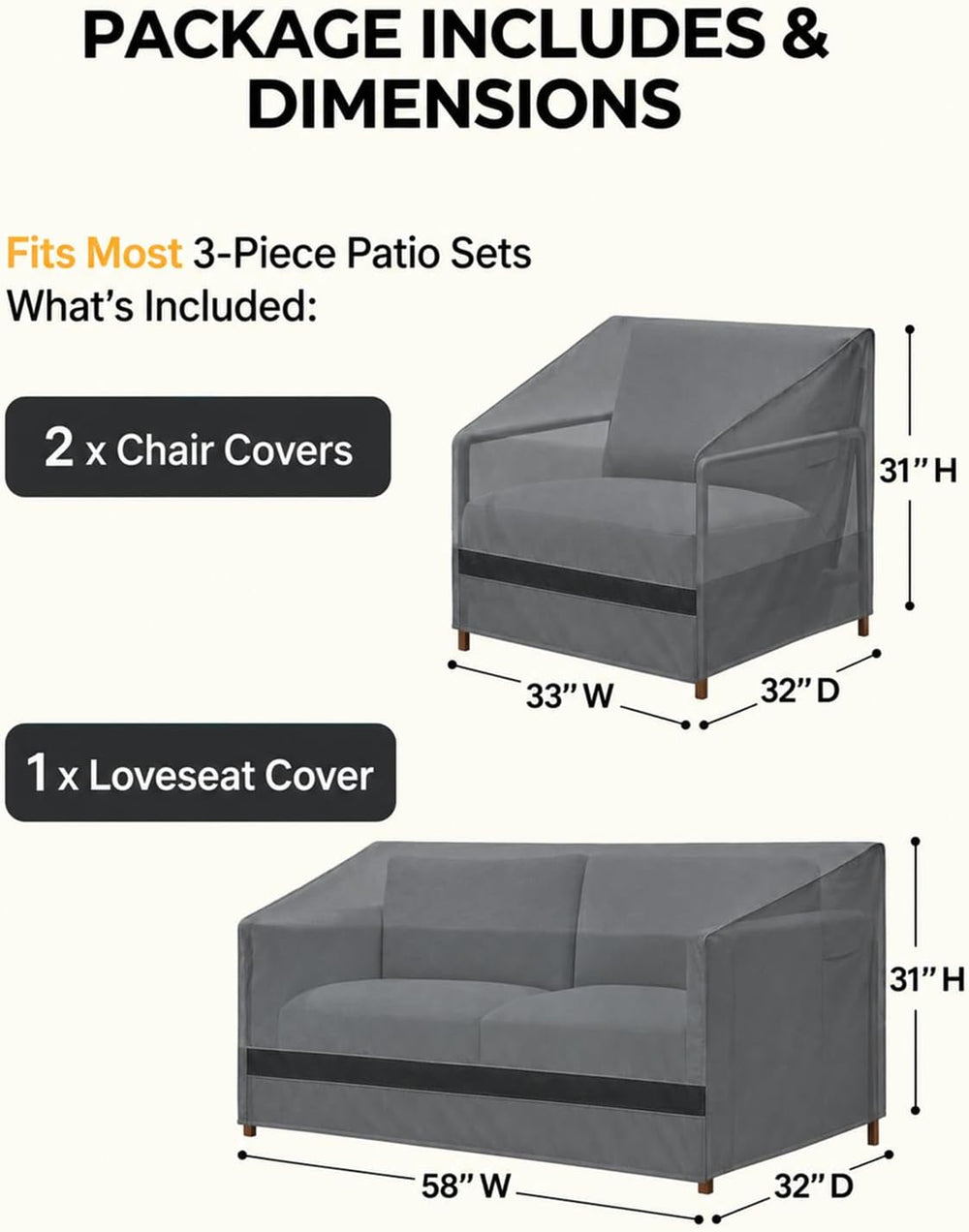 loriano 3-Piece Patio Furniture Covers Set, Waterproof Outdoor Chair & Lo...