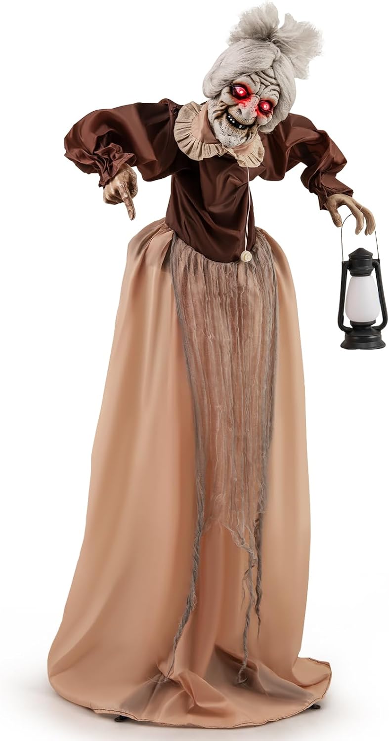 Tangkula 5 FT Halloween Standing Animated Old Lady Holding Lantern