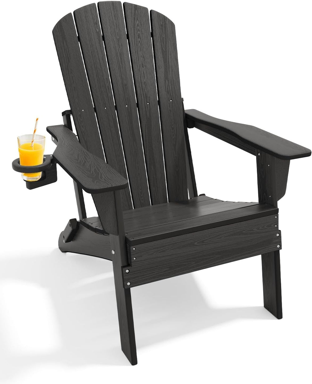 HDPE Folding Adirondack Chair with Cup Holders, Black