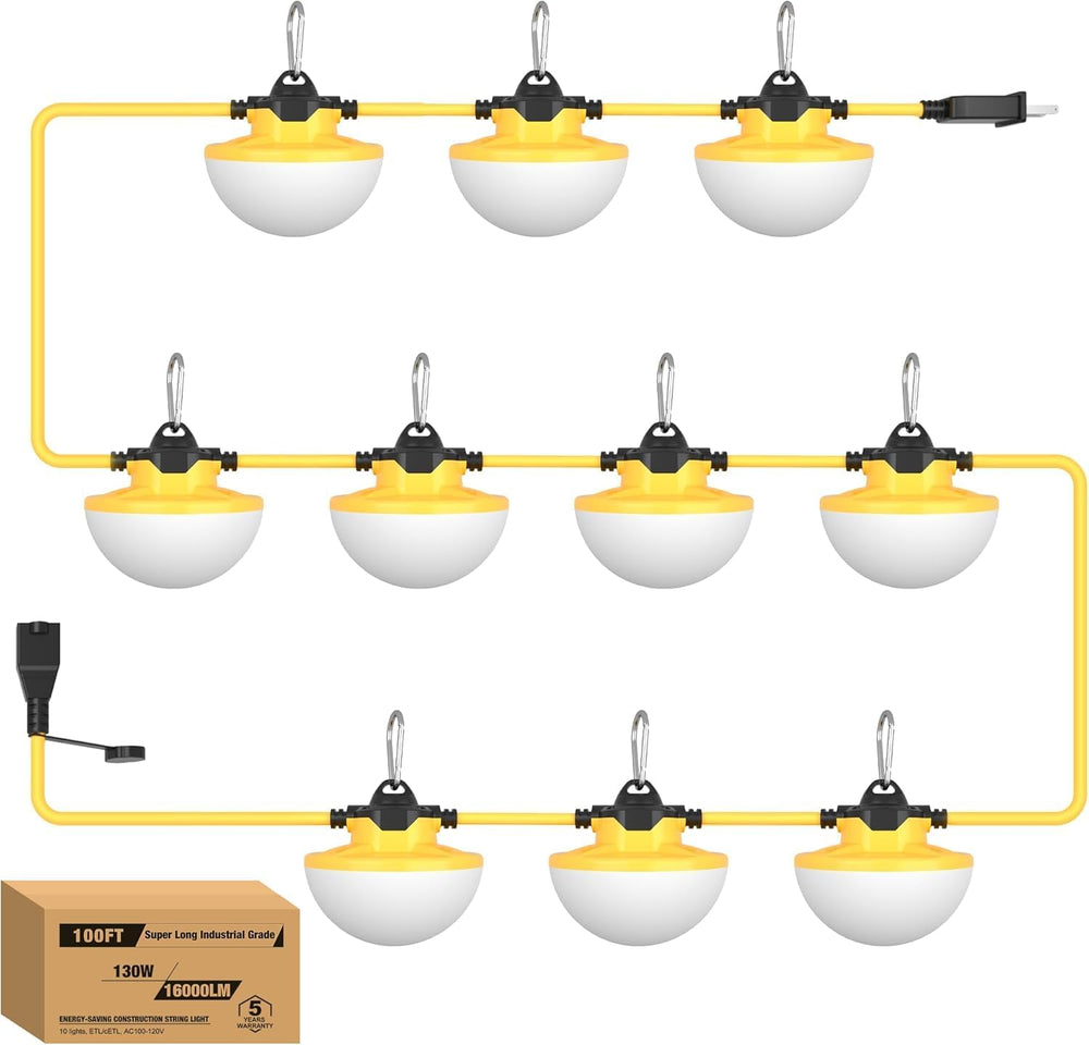 100FT LED Construction String Lights 130W 16000LM Industrial String Work Ligh...