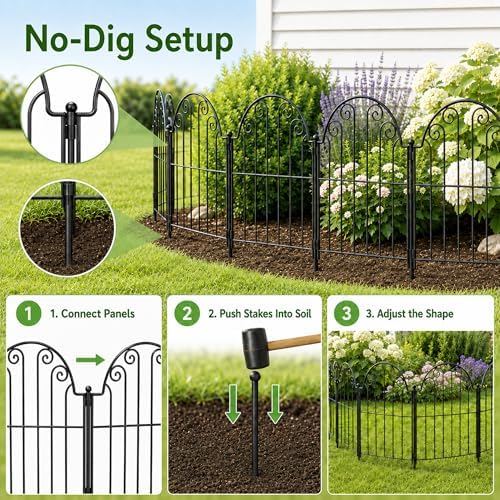 Garden Fence 20 Panels, 17 in H Above Ground, No Dig Metal Fence