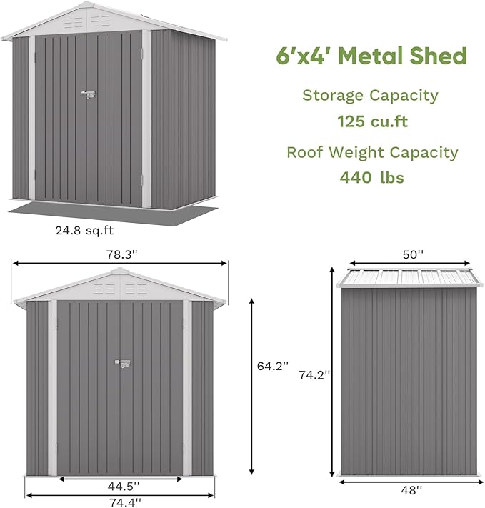Patiowell 6x4 FT Outdoor Storage Shed, Water-Resistance Metal Outdoor Sheds w...