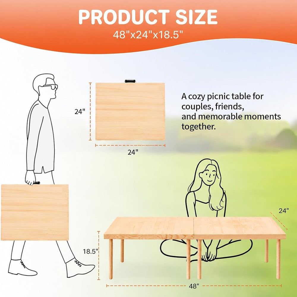 48” x 24” Boho Low Picnic Table, Foldable Solid Wood Picnic Table