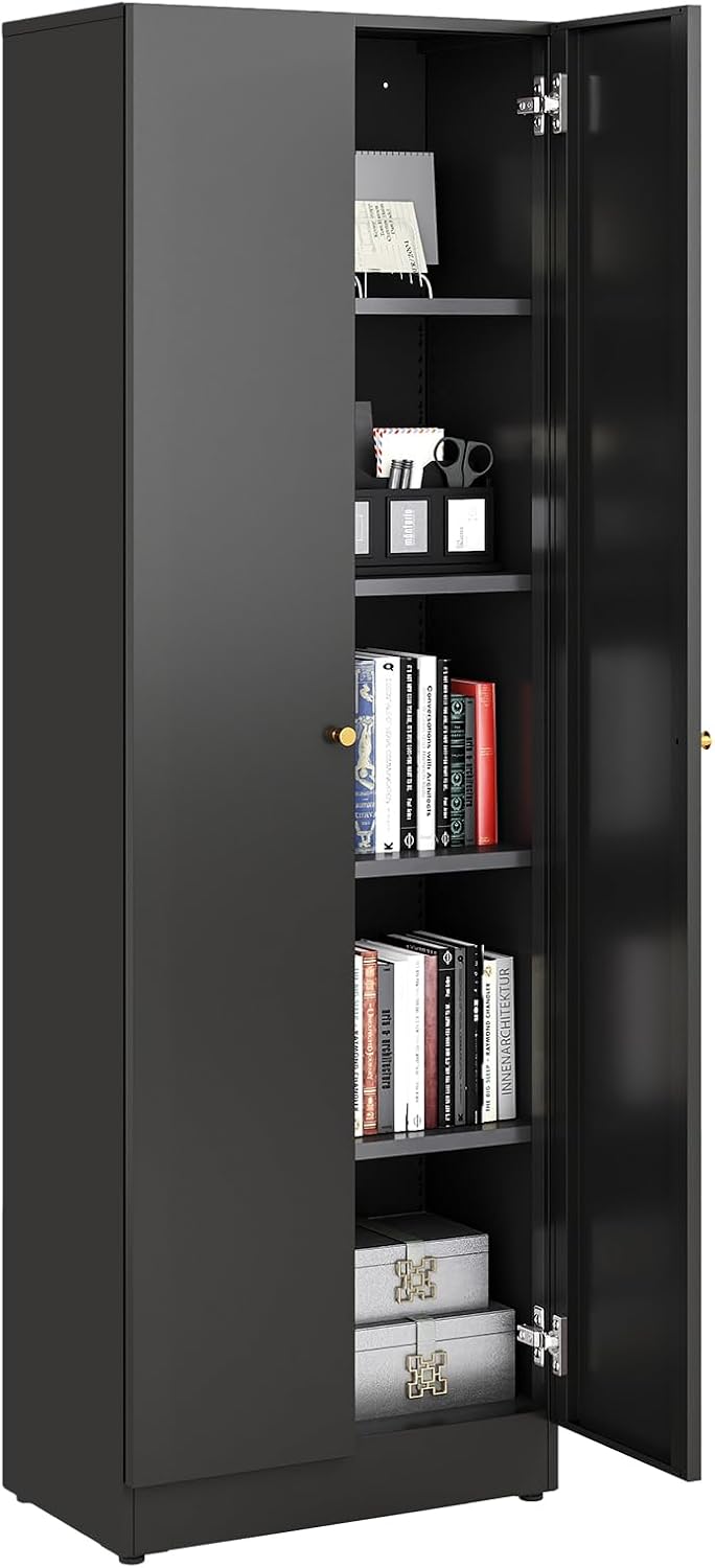 Metal Storage Cabinet with Doors, Black Bookshelf with Adjustable Shelves