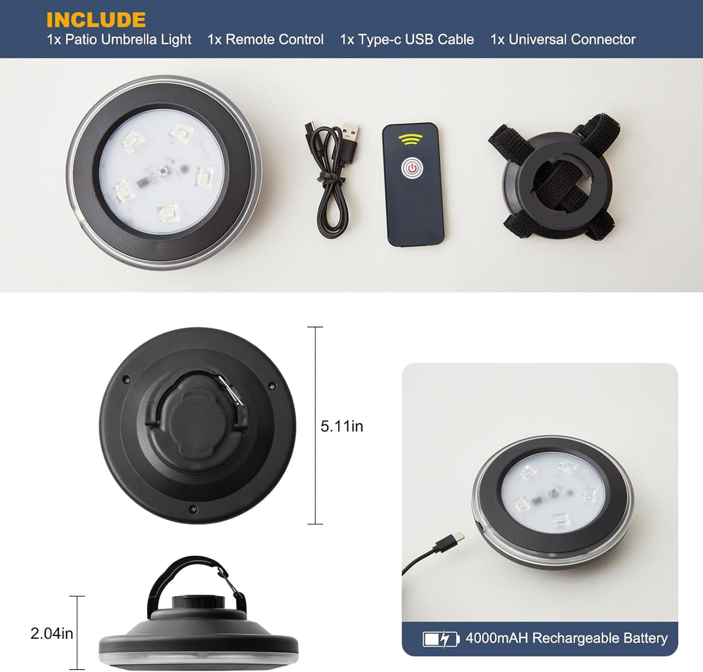 Vitnucrol LED Patio Umbrella Lights with Remote, 4000mAh Rechargeable | Porta...