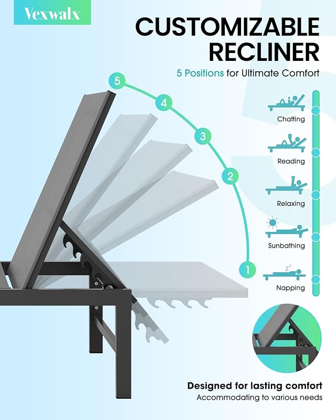 Outdoor Lounge Chair for Pool, Aluminum Chaise Lounge Chairs with 5-Position ...