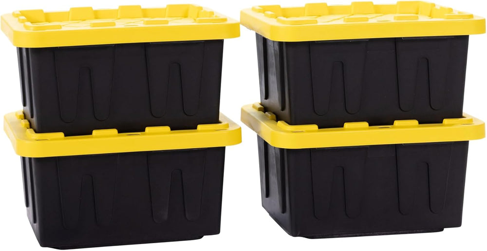 Plastic 5-Gallon Storage Tote with Lockable Lid, 4-Pack - Black/Yellow