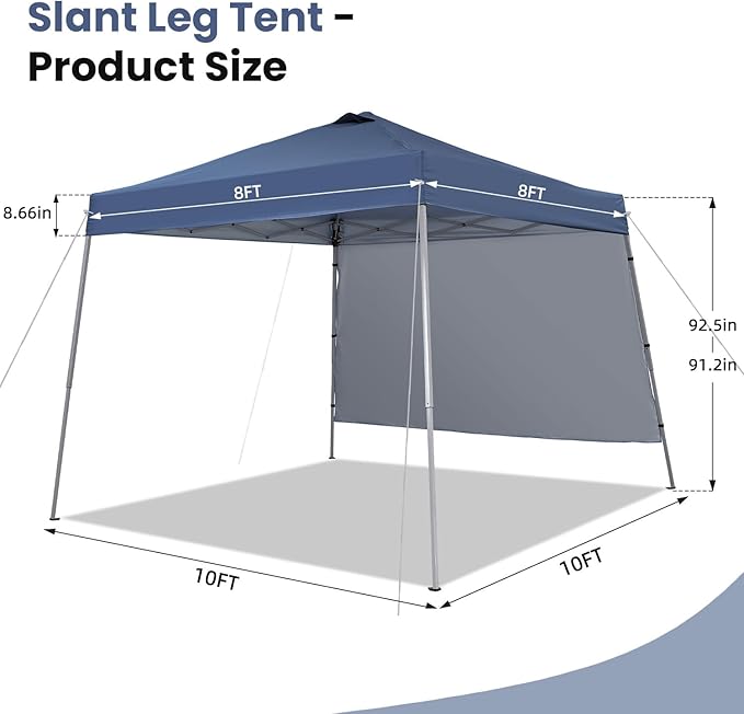 10X10 Pop Up Canopy, Slant Legs Instant Outdoor Canopy Tent with 1 Sidewall, ...