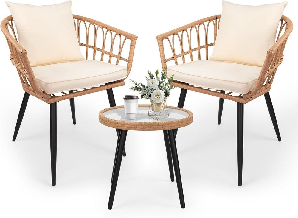 3 Piece Patio Bistro Set, All-Weather Outdoor Rattan Balcony Furniture Set wi...
