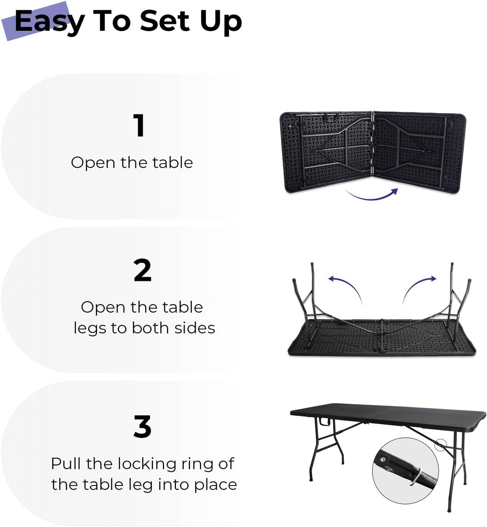 Folding Table 6ft, Heavy Duty Portable Utility Table with Handle, Black
