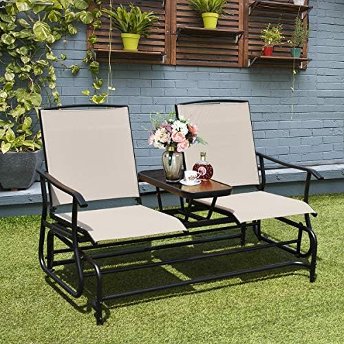 GIANTEX Patio Bench Glider Chair with Metal Frame, Center Tempered Glass Tabl...