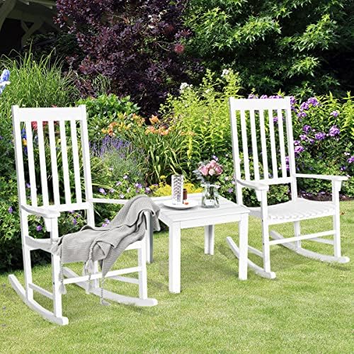 Tangkula Patio Rocking Chair, Solid Acacia Wood, White, 2 Pack