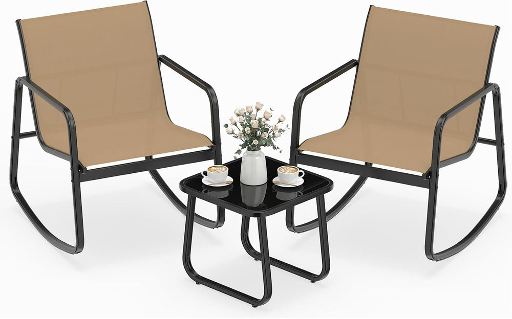 HAPPYGRILL 3 Pieces Patio Rocking Bistro Set with Glass-Top Table, Rocking Bi...