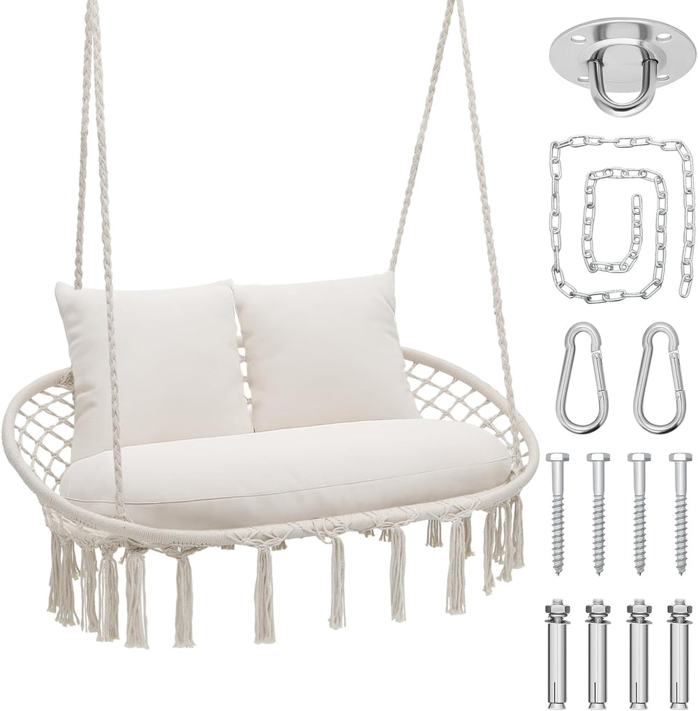 Magshion 2-Person Macrame Hanging Hammock Swing Chair, Beige