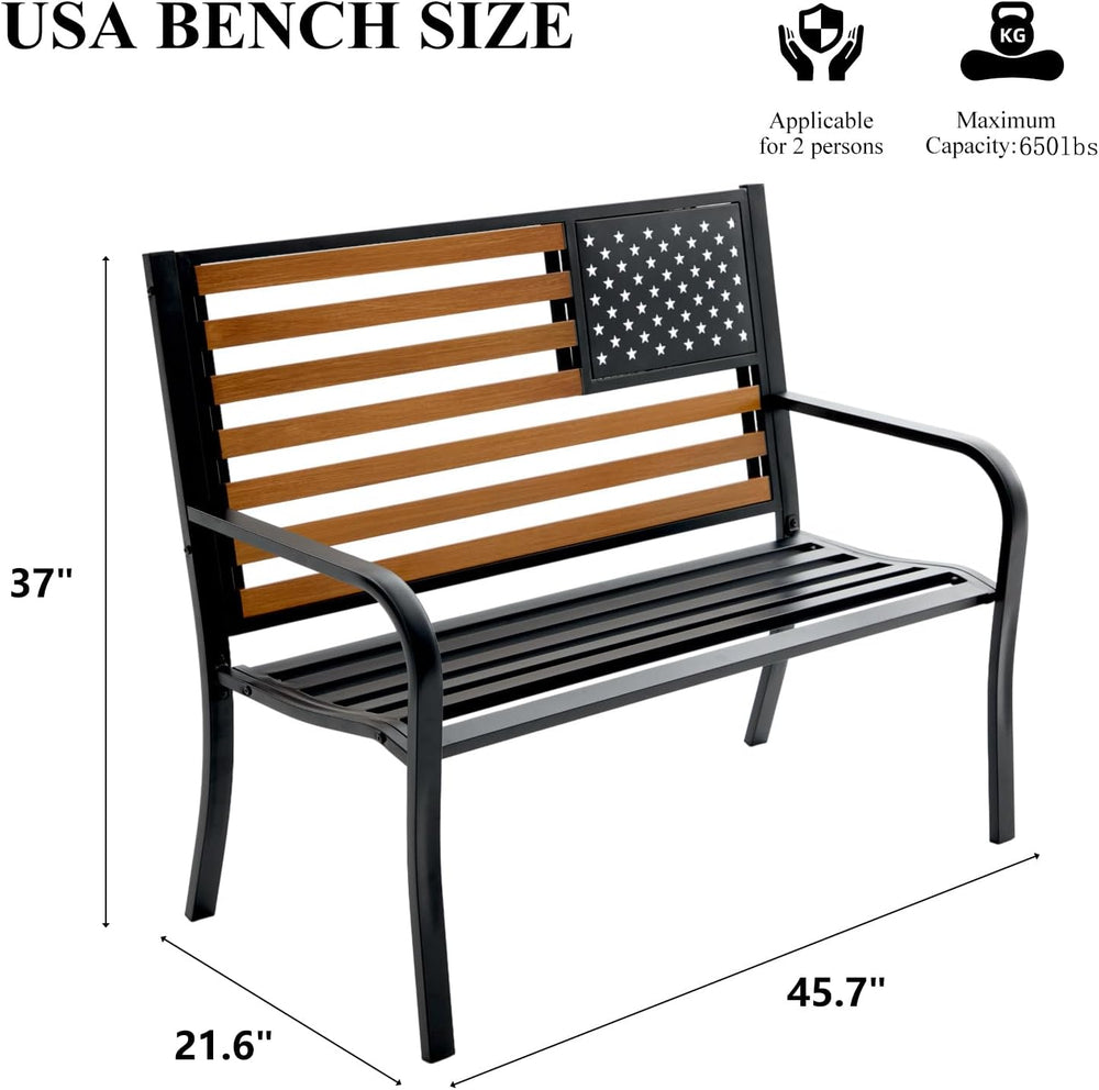 45.7 Inch American Flag Outdoor Bench - Patriotic Stars and Stripes Garden Be...